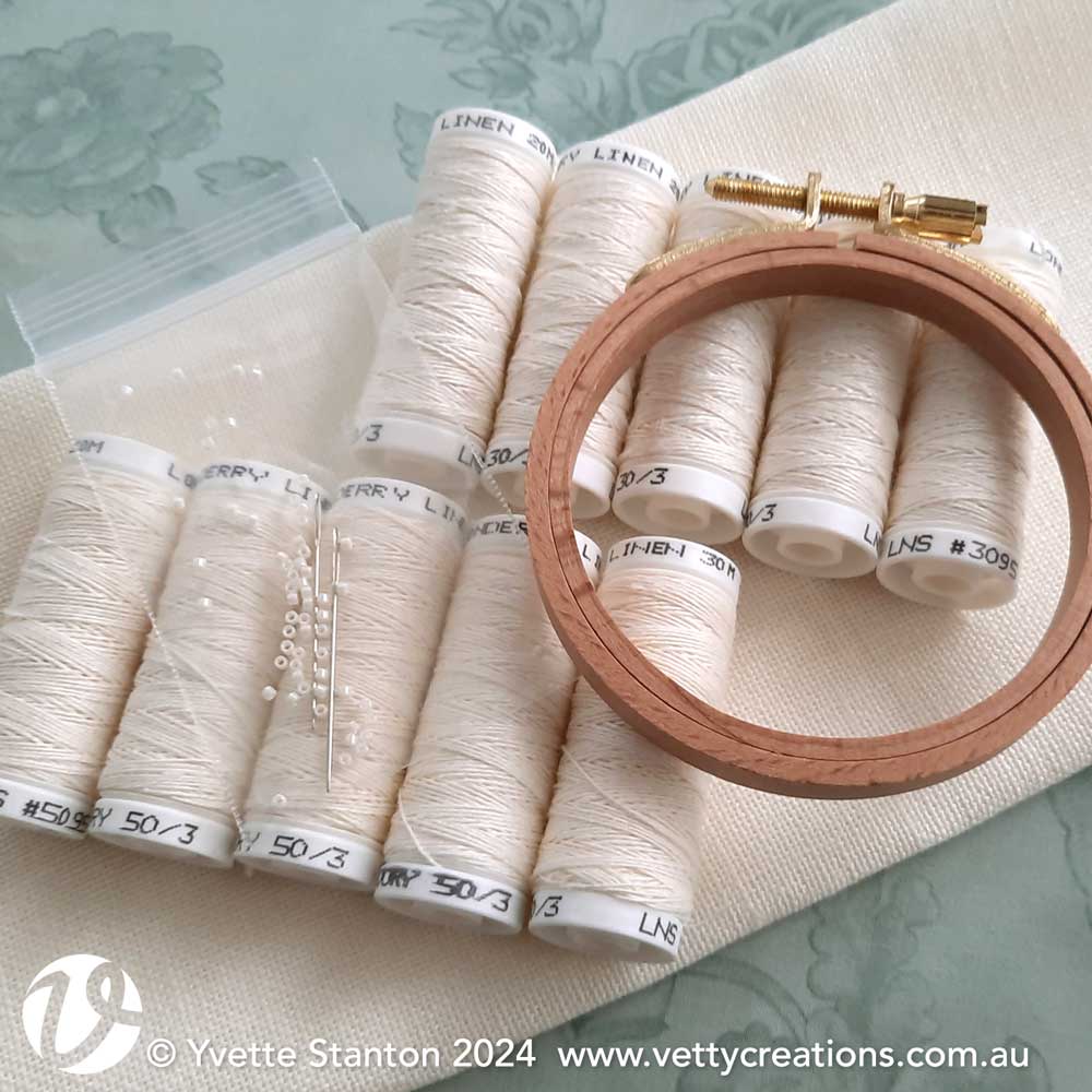 Hardanger Filling Stitch Sampler supplies pack with linen thread and hoop