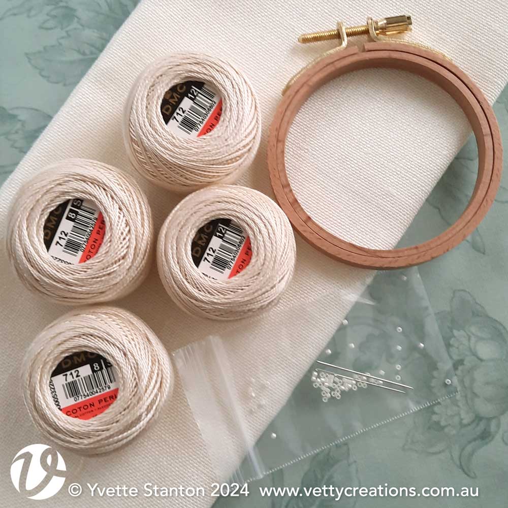 Hardanger Filling Stitch Sampler supplies pack with cotton thread and hoop